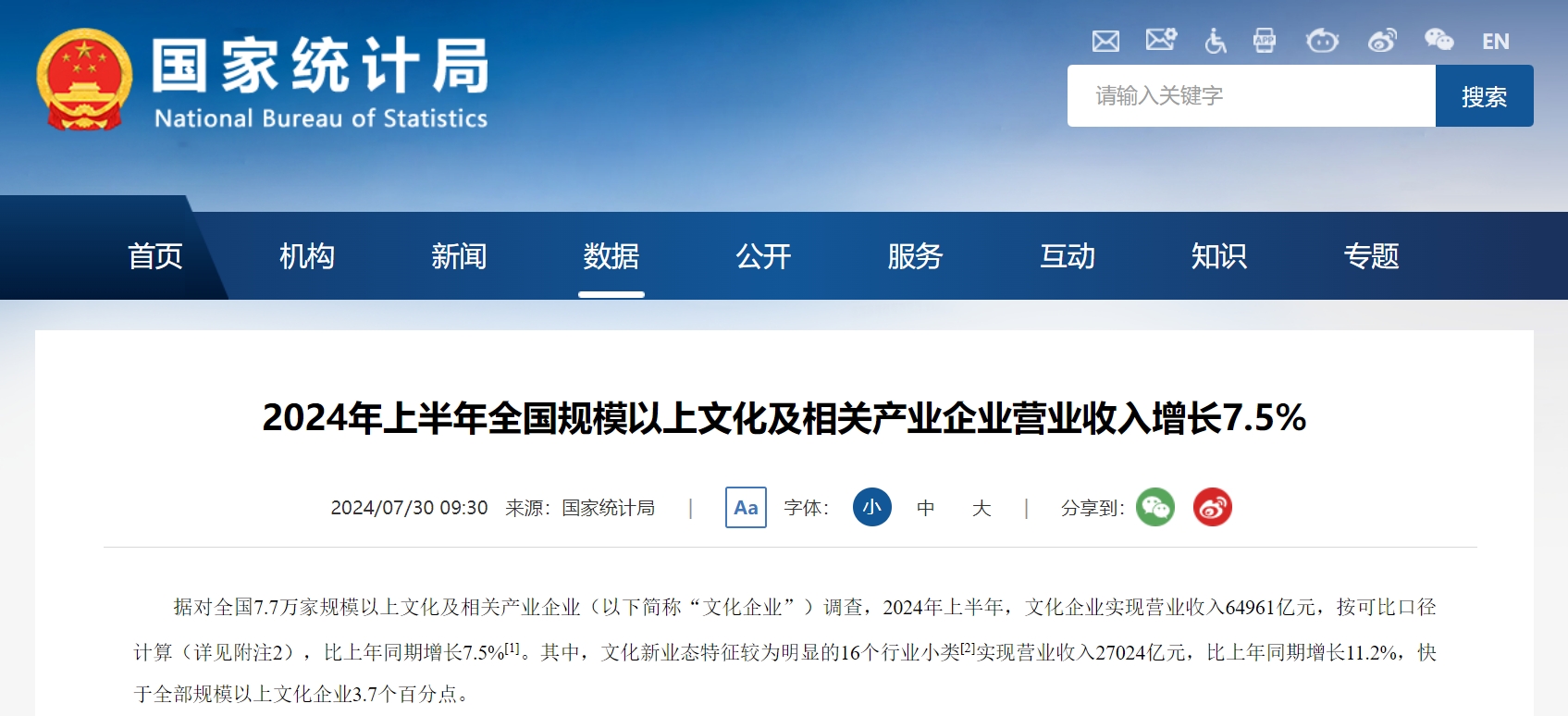 2024年上半年全國規(guī)模以上文化及相關產(chǎn)業(yè)企業(yè)營業(yè)收入增長7.5%.png